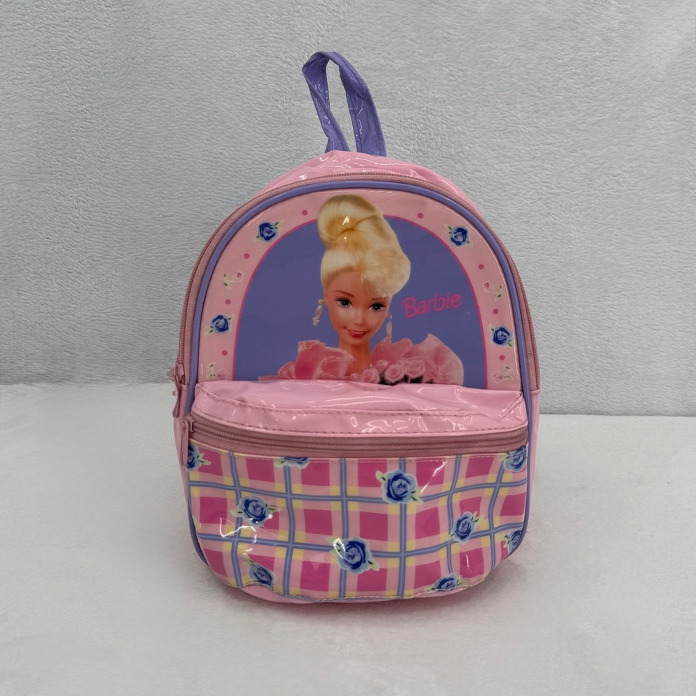 Vintage Barbie Mini Backpack 1996 Pink Plaid Rose Floral Glossy PVC Rare 90s Bag